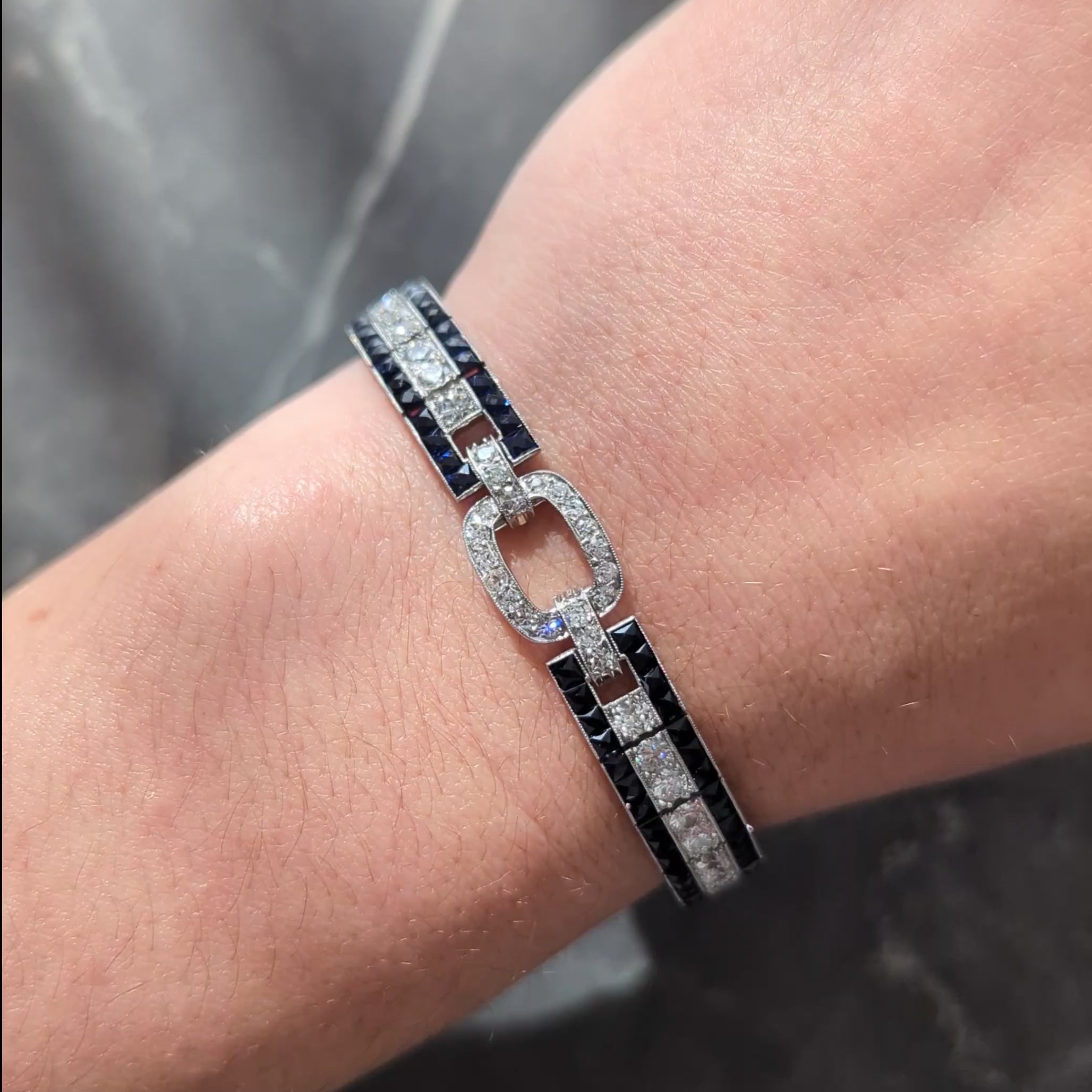 Art Deco 16.98 CTW Sapphire Diamond Platinum Vintage Buckle Line Bracelet