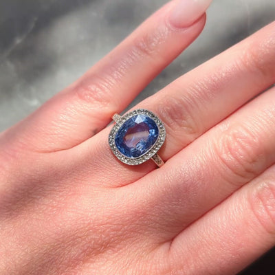 Edwardian Diamond Sapphire 14 Karat Yellow Gold Platinum Antique Halo Ring GIA