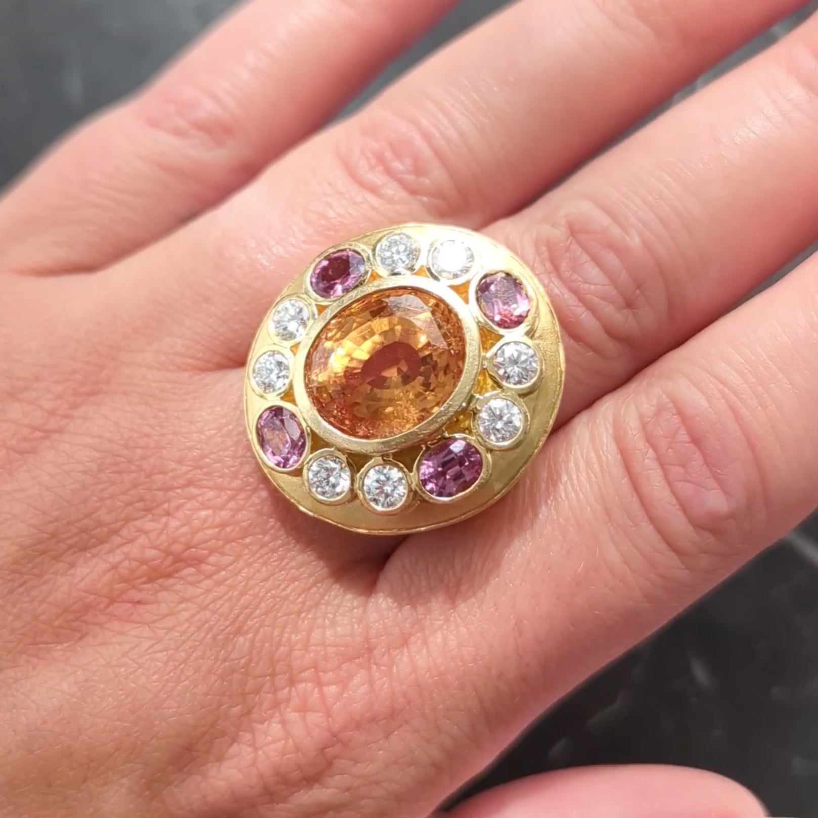 Crevoshay 14.13 CTW Hessonite Spinel Diamond 18K Gold Cluster Contemporary Ring