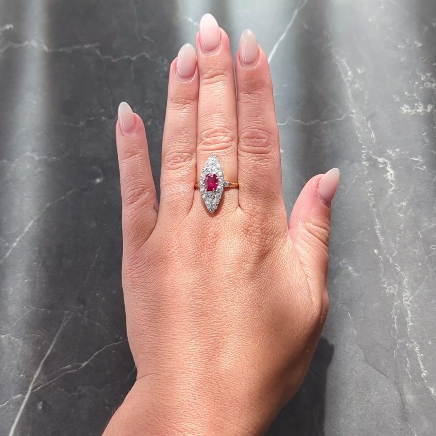 Edwardian Burma Ruby Diamond 18K Yellow Gold Antique Cluster Navette Ring