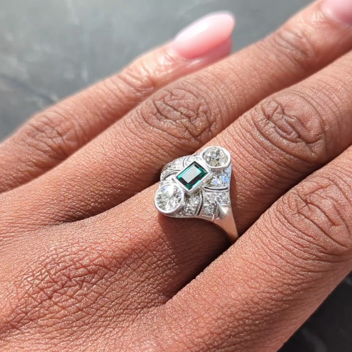 Art Deco 1.75 CTW Emerald Diamond Platinum Vintage Navette Dinner Ring