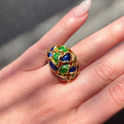 Tiffany & Co. 1980's Enamel 18 Karat Yellow Gold Vintage Basket Weave Ring