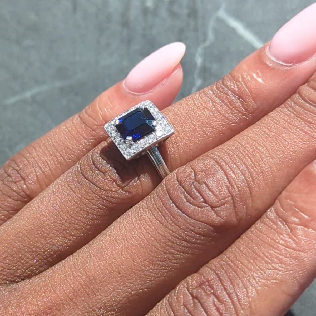 Tiffany & Co. Mid-Century No Heat Sapphire Diamond Platinum Vintage Halo Ring