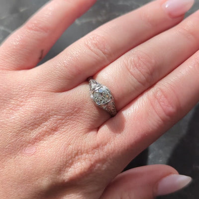 Art Deco Old Mine Cut Diamond Platinum Arching Scroll Antique Engagement Ring