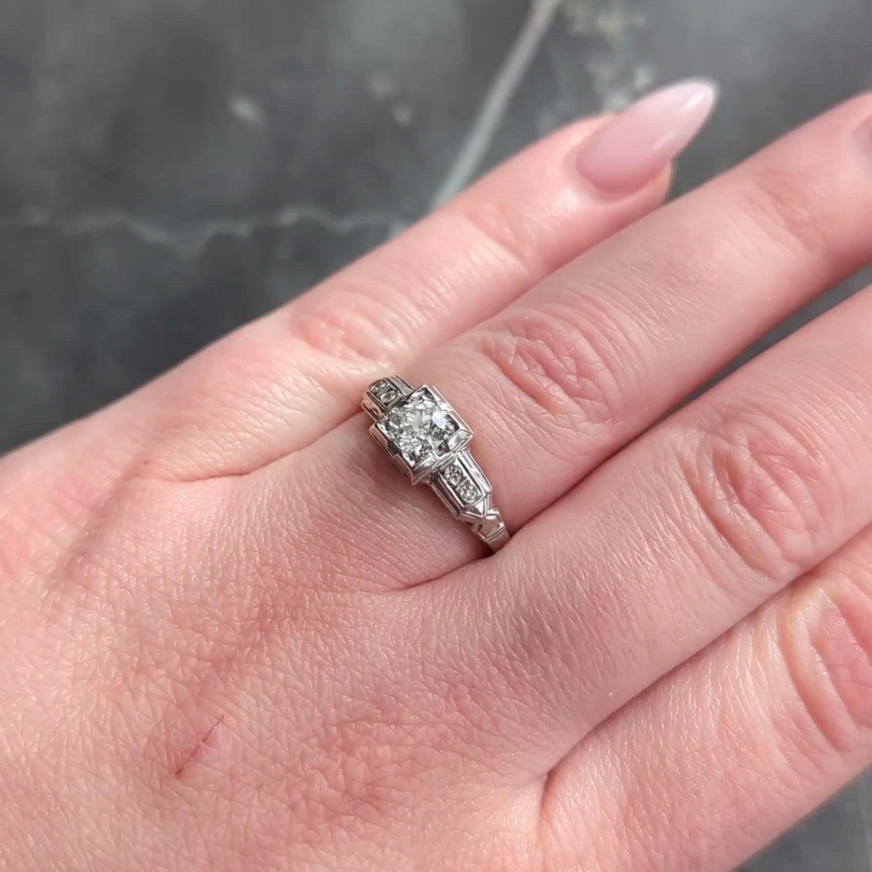 1933 Art Deco Old European Cut Diamond 18K White Gold Vintage Engagement Ring