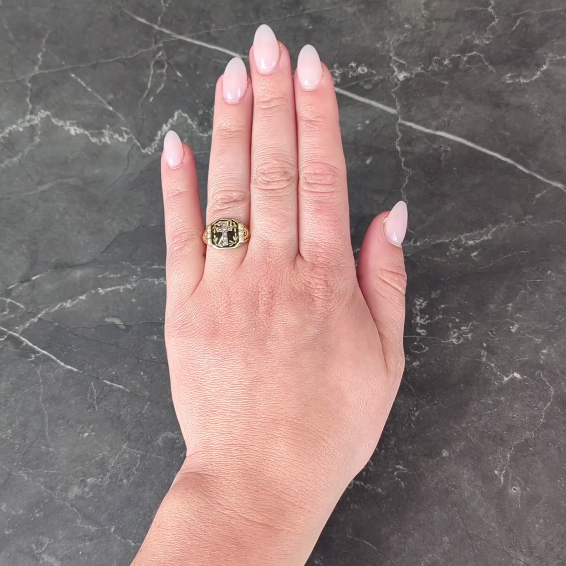 Riker Brother Enamel 14K Yellow Gold Antique Mourning Cross Unisex Signet Ring