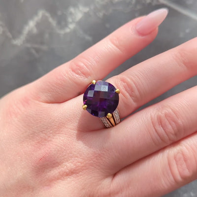 2000's Amethyst Diamond 18 Karat Two-Tone Gold Checkerboard Cocktail Ring
