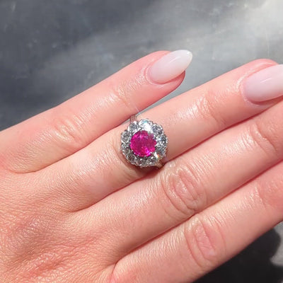 Edwardian 3.47 CTW No Heat Burma Ruby Diamond Platinum Antique Fanning Halo Ring