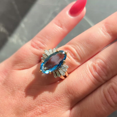 Oscar Heyman Aquamarine Diamond 18K Yellow Gold Platinum Vintage Cocktail Ring