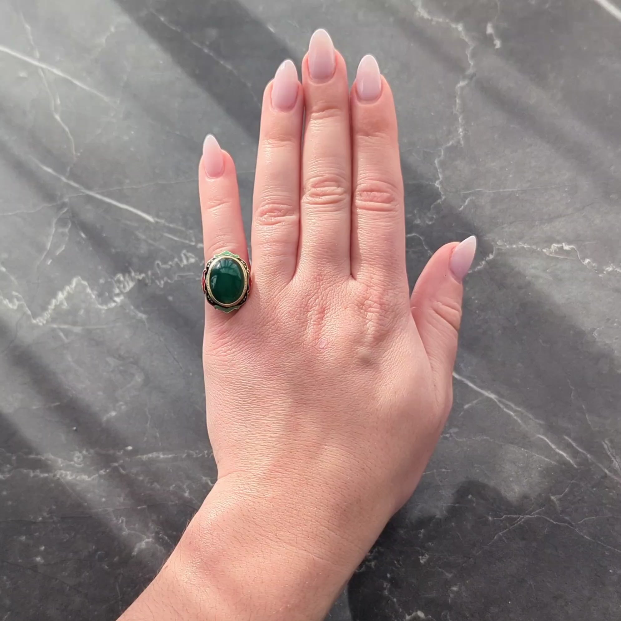 Early Art Deco Chalcedony Enamel 14 Karat Yellow Gold Antique Cocktail Ring