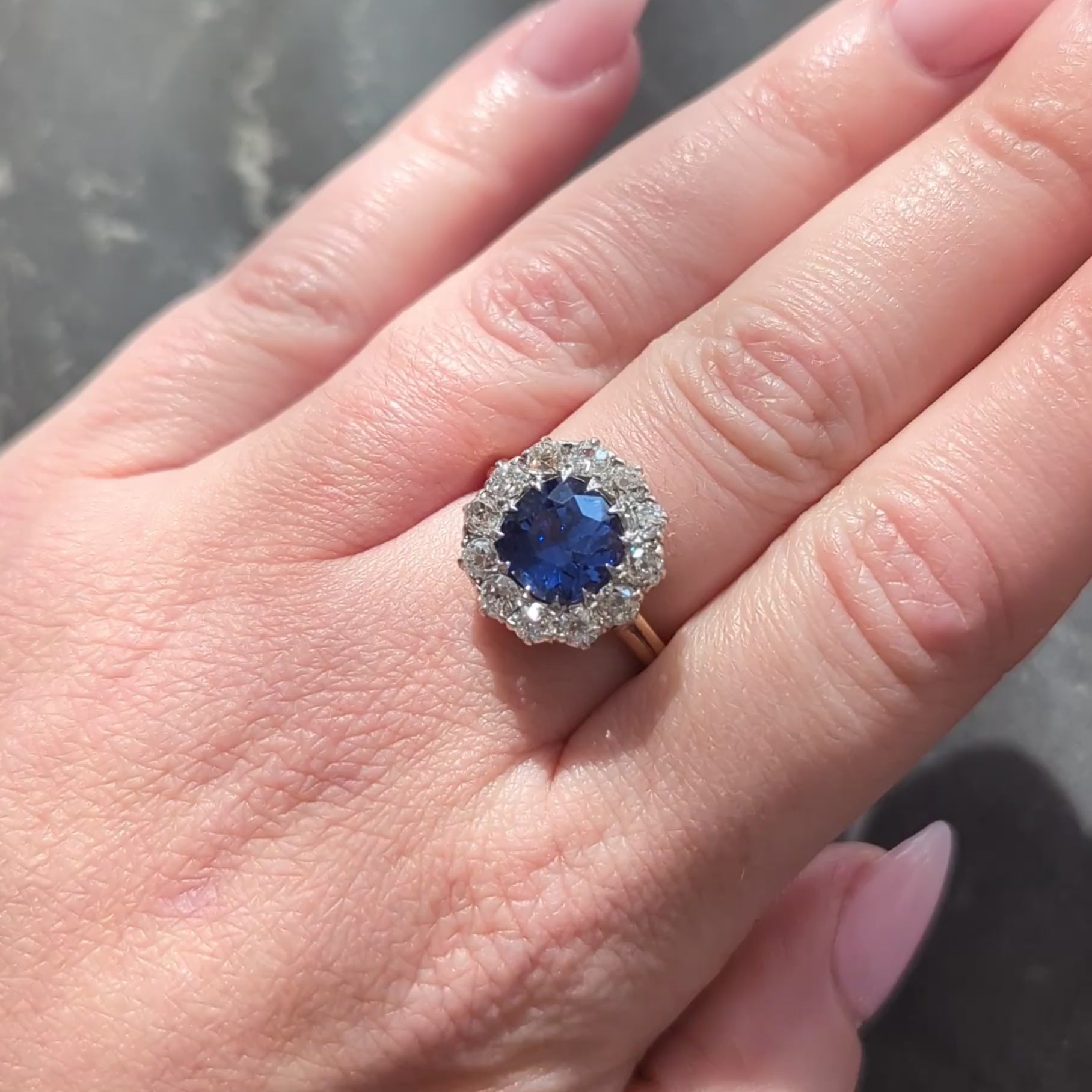 Frank Walter Lawrence No Heat Ceylon Sapphire Diamond 14K Gold Antique Halo Ring