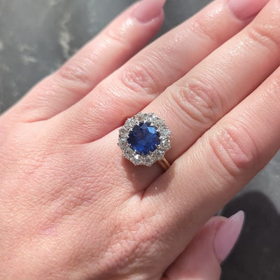 Frank Walter Lawrence No Heat Ceylon Sapphire Diamond 14K Gold Antique Halo Ring