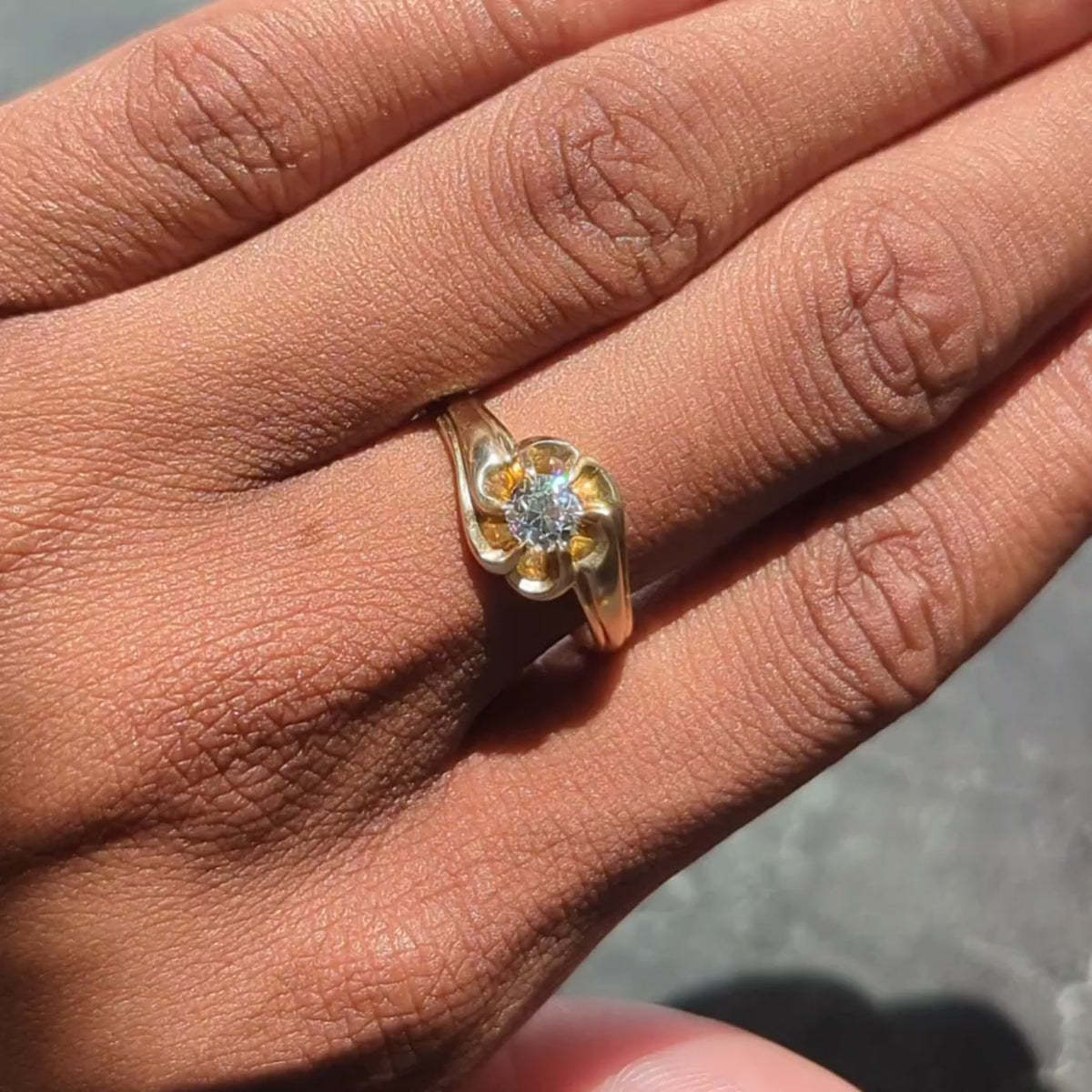 1960's Old Mine Cut Diamond 14 Karat Yellow Gold Vintage Belcher Engagement Ring