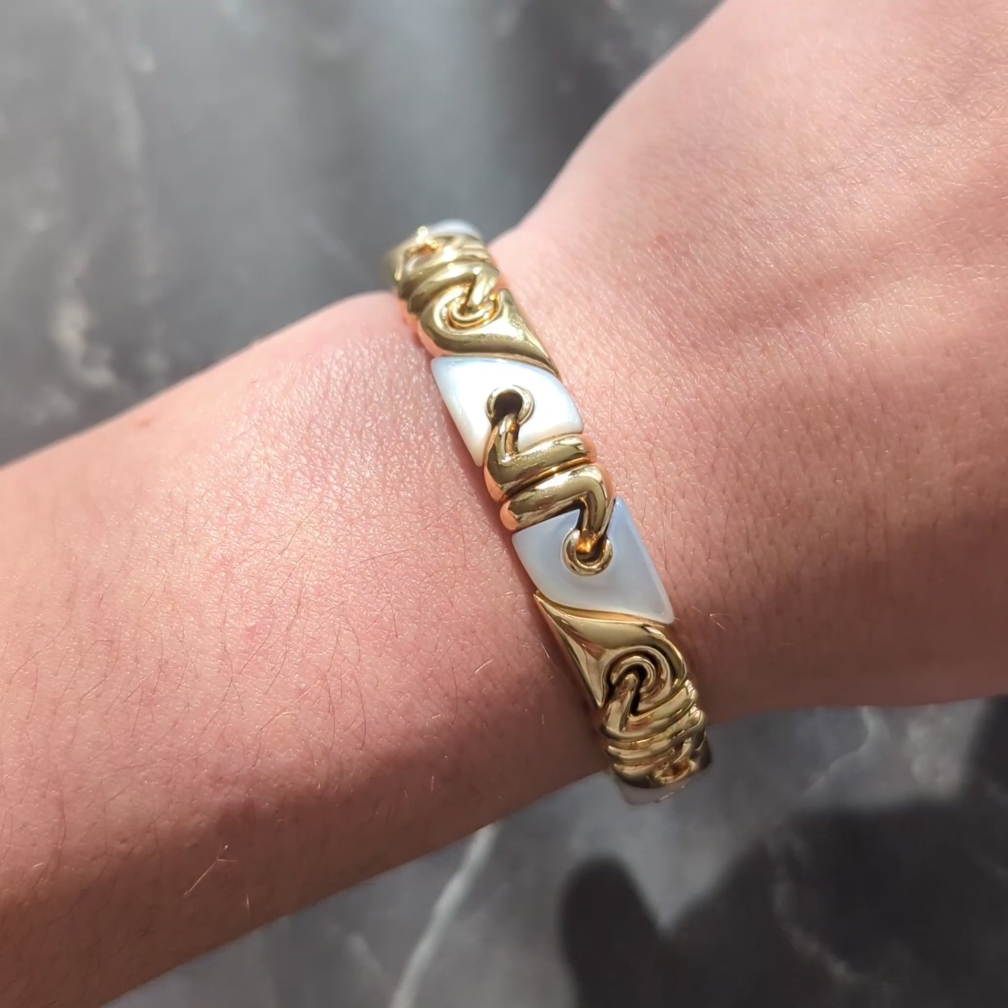 Bulgari 1990's Mother-Of-Pearl 18K Gold Vintage Inlay Passo Doppio Cuff Bracelet
