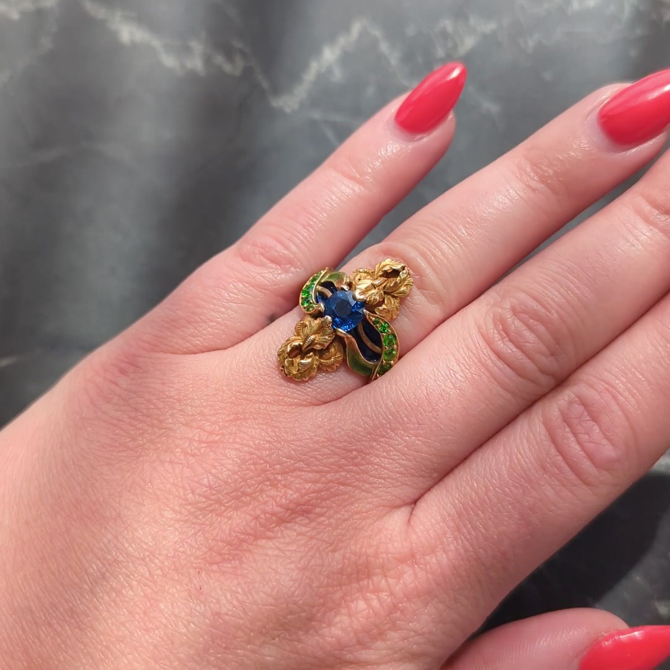 Marcus & Co. Art Nouveau Sapphire Enamel Demantoid 14K Gold Antique Iris Ring