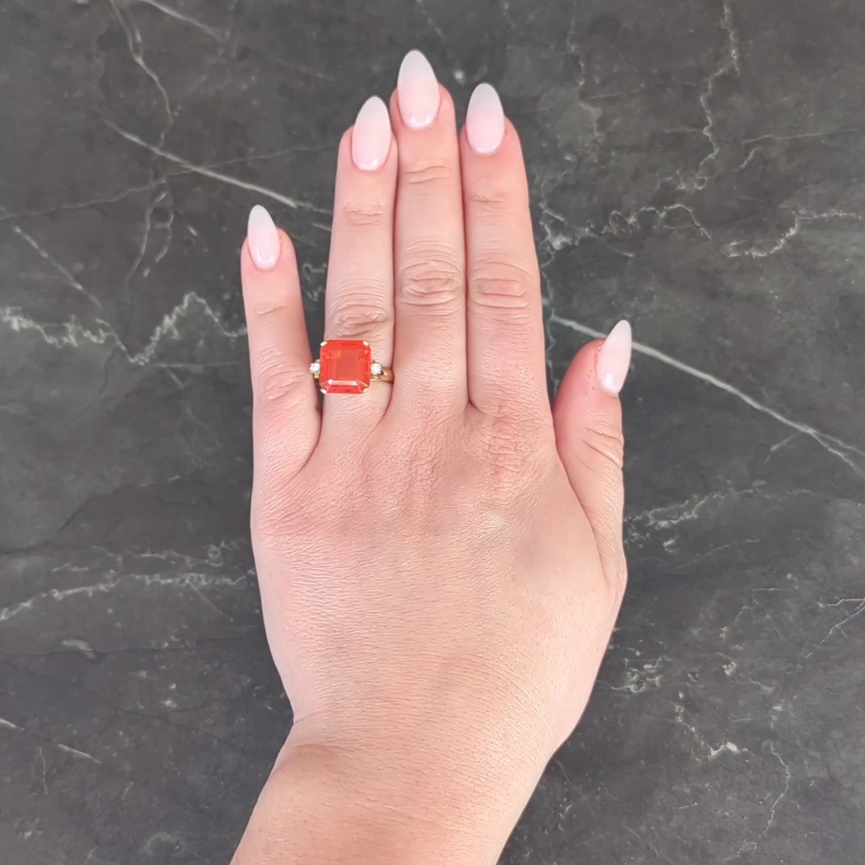Mid-Century Fire Opal Diamond 14 Karat Two-Tone Gold Vintage Cocktail Ring