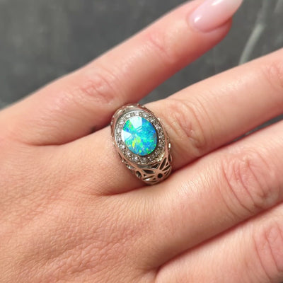 B & H 2000's Opal Diamond 18 Karat Two-Tone Gold Contemporary Foliate Halo Ring
