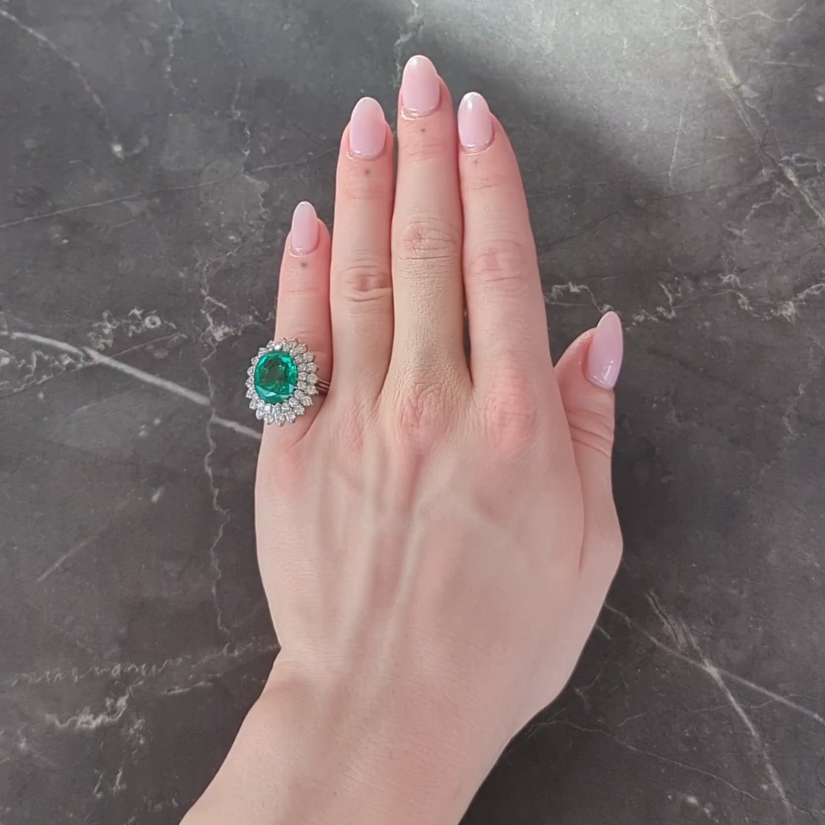 Mid-Century 7.60 CTW Emerald Diamond 18 Karat Gold Vintage Double Halo Ring AGL