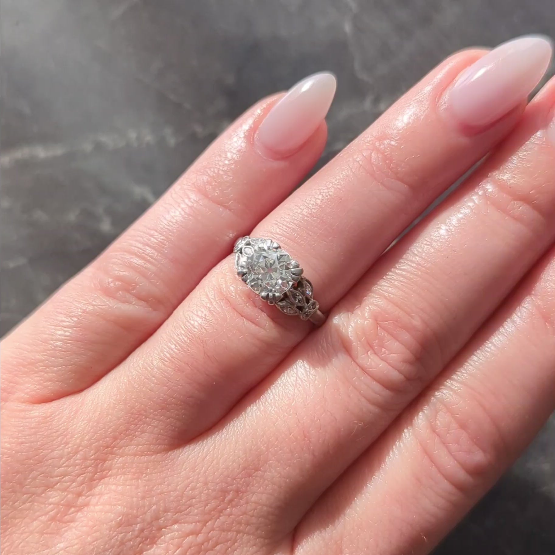 Art Deco 1930's 1.63 CTW Old European Cut Diamond Platinum Lotus Engagement Ring