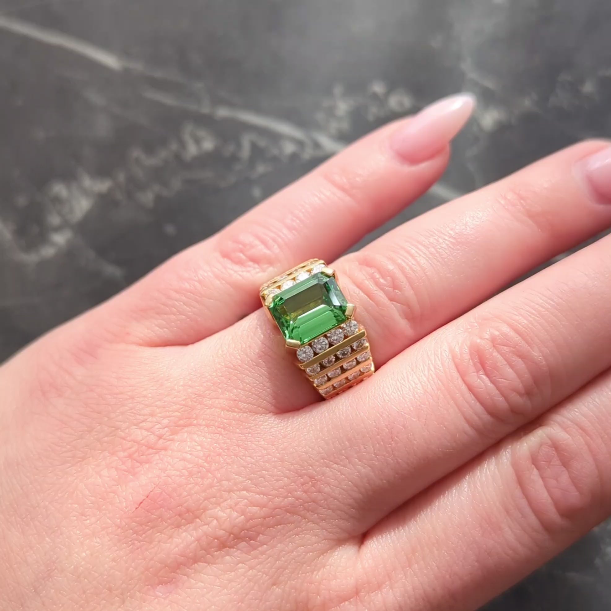 1970's 4.59 CTW Tsavorite Garnet Diamond 18K Yellow Gold Stepped Vintage Ring