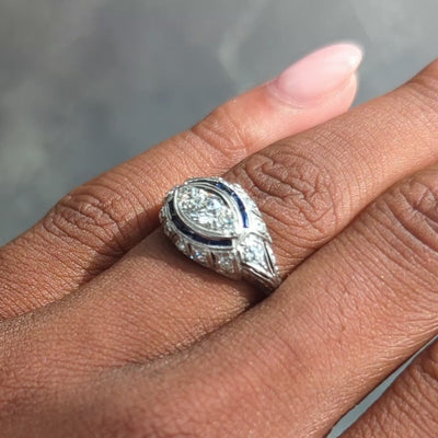 Katz Ogush Art Deco European Diamond Platinum Vintage Foliate Bombé Dinner Ring