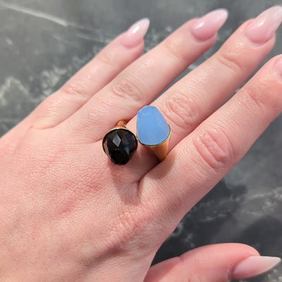 Contemporary Blue Chalcedony Smoky Quartz 18K Yellow Gold Bypass Ring