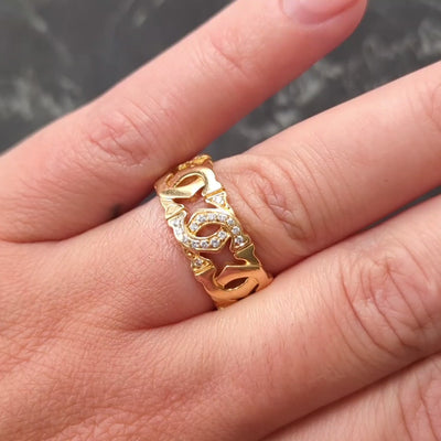 Cartier French Diamond 18K Yellow Gold Vintage Double C Entrelaces Band Ring