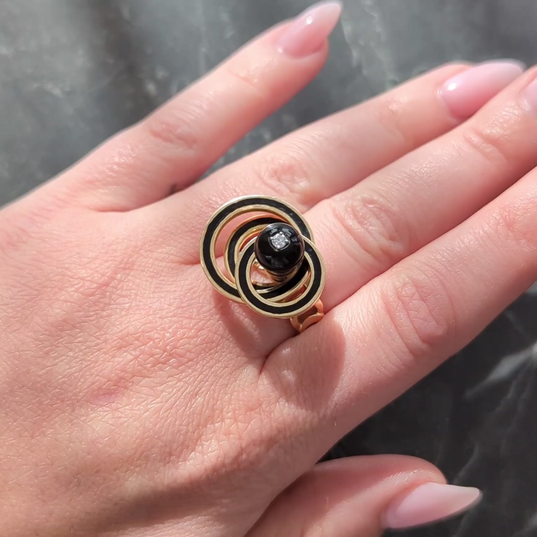 Norman Teufel Onyx Diamond 18K Gold Arch Vintage Kinetic Fidget Spinner Ring