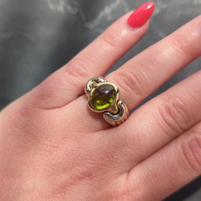 Bulgari 1990's Peridot 18 Karat Two-Tone Yellow White Gold Vintage Cabochon Ring