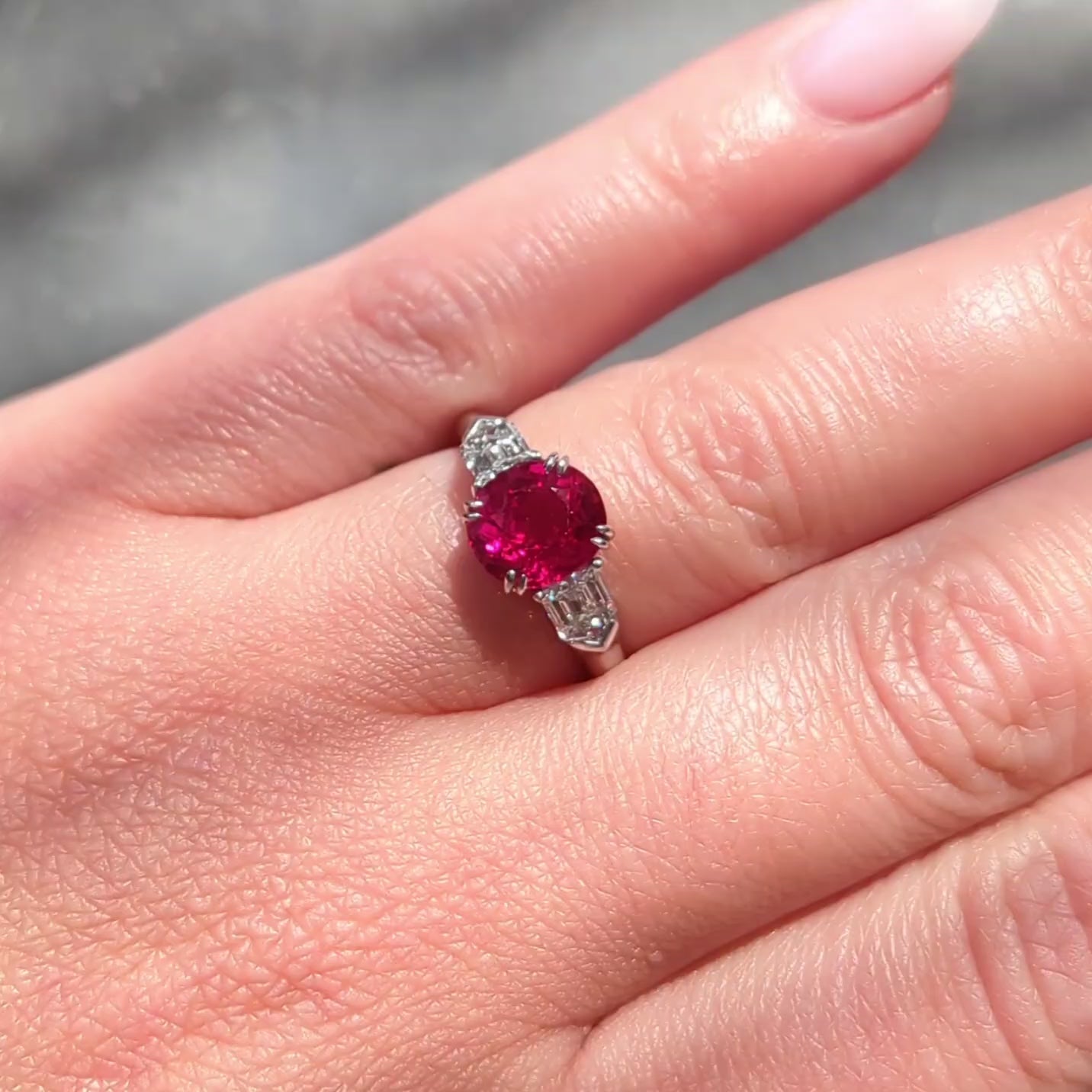 Mid-Century 3.10 CTW Burma Ruby Diamond Platinum Vintage Three Stone Ring AGL