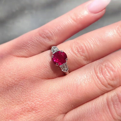 Mid-Century 3.10 CTW Burma Ruby Diamond Platinum Vintage Three Stone Ring AGL