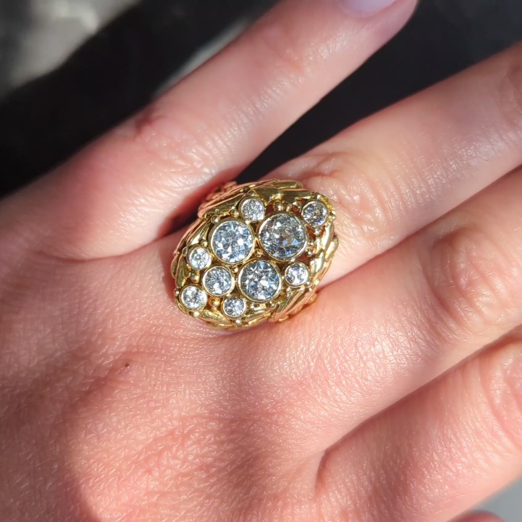Art Nouveau 2.34 CTW Diamond 18 Karat Yellow Gold Antique Nest Cluster Ring