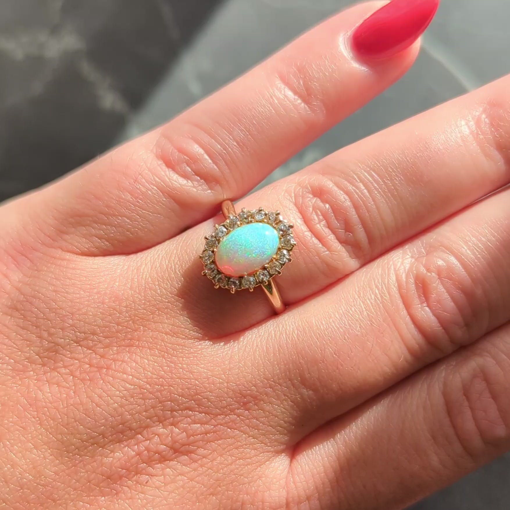 Edwardian Opal Diamond 14 Karat Yellow Gold Antique Halo Ring