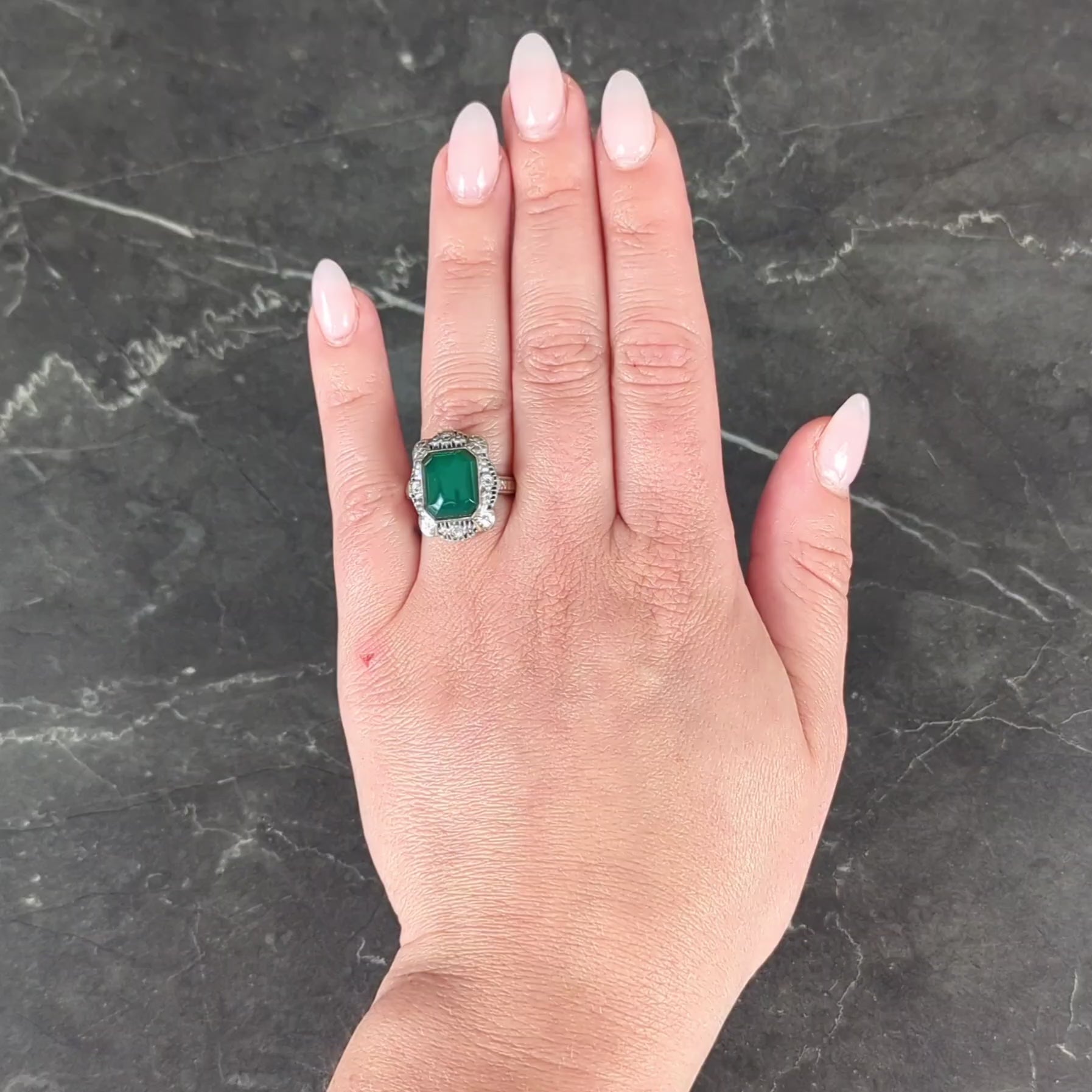 Art Deco Chrysoprase 14 Karat White Gold Vintage Orange Blossom Dinner Ring