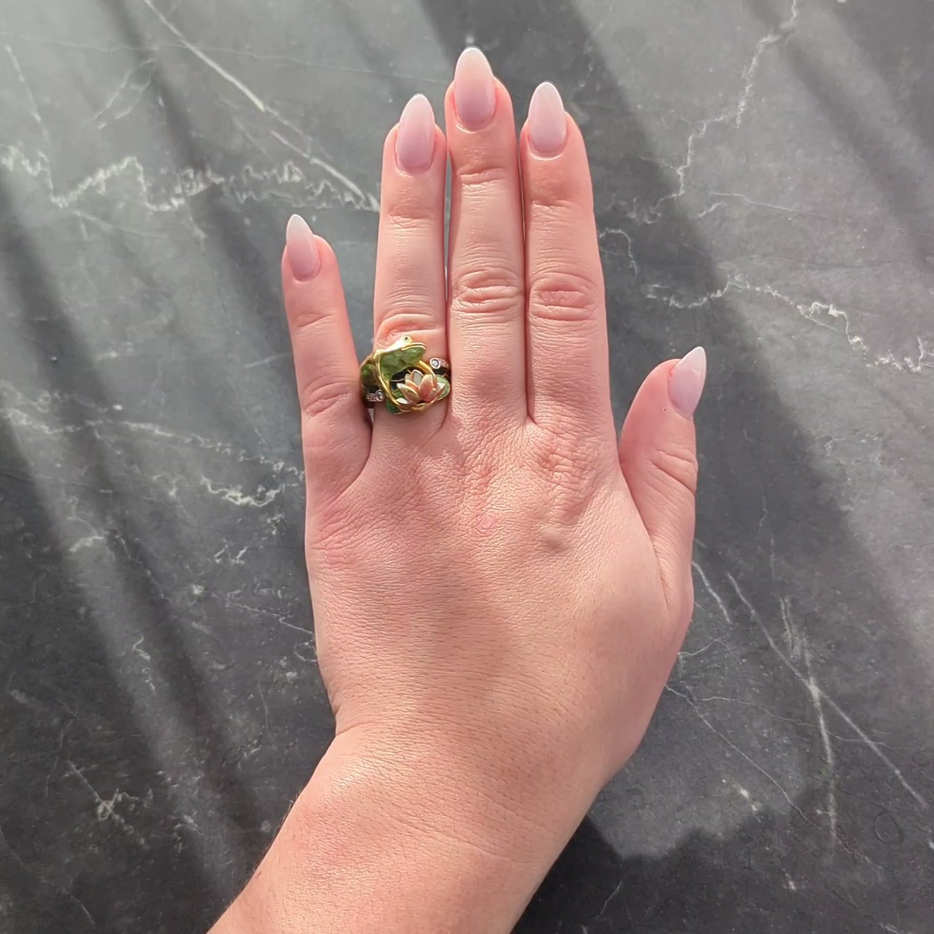 Masriera Contemporary Diamond Enamel 18K Gold Platinum Frog Water Lily Ring