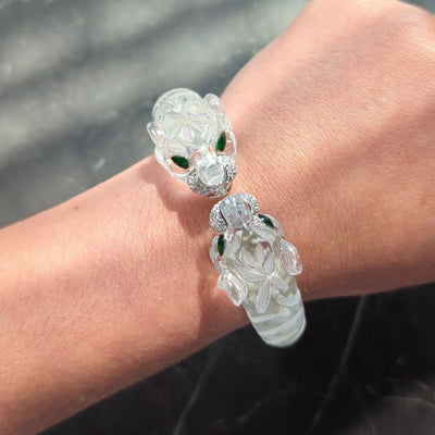 2000's Diamond Emerald Quartz 18K Gold Contemporary Tiger Head Cuff Bracelet