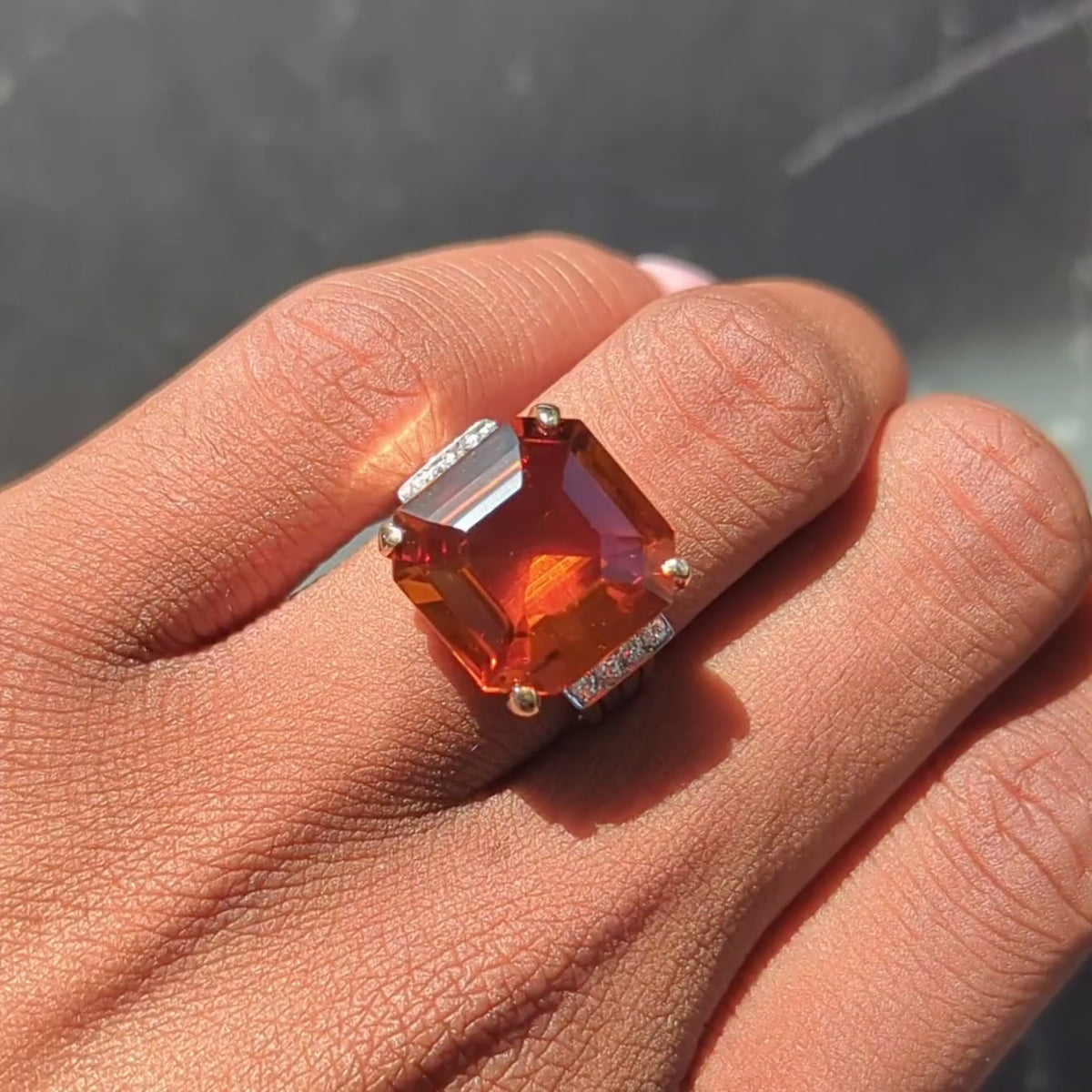Retro Citrine Diamond 14 Karat Two-Tone Gold Vintage Cocktail Ring