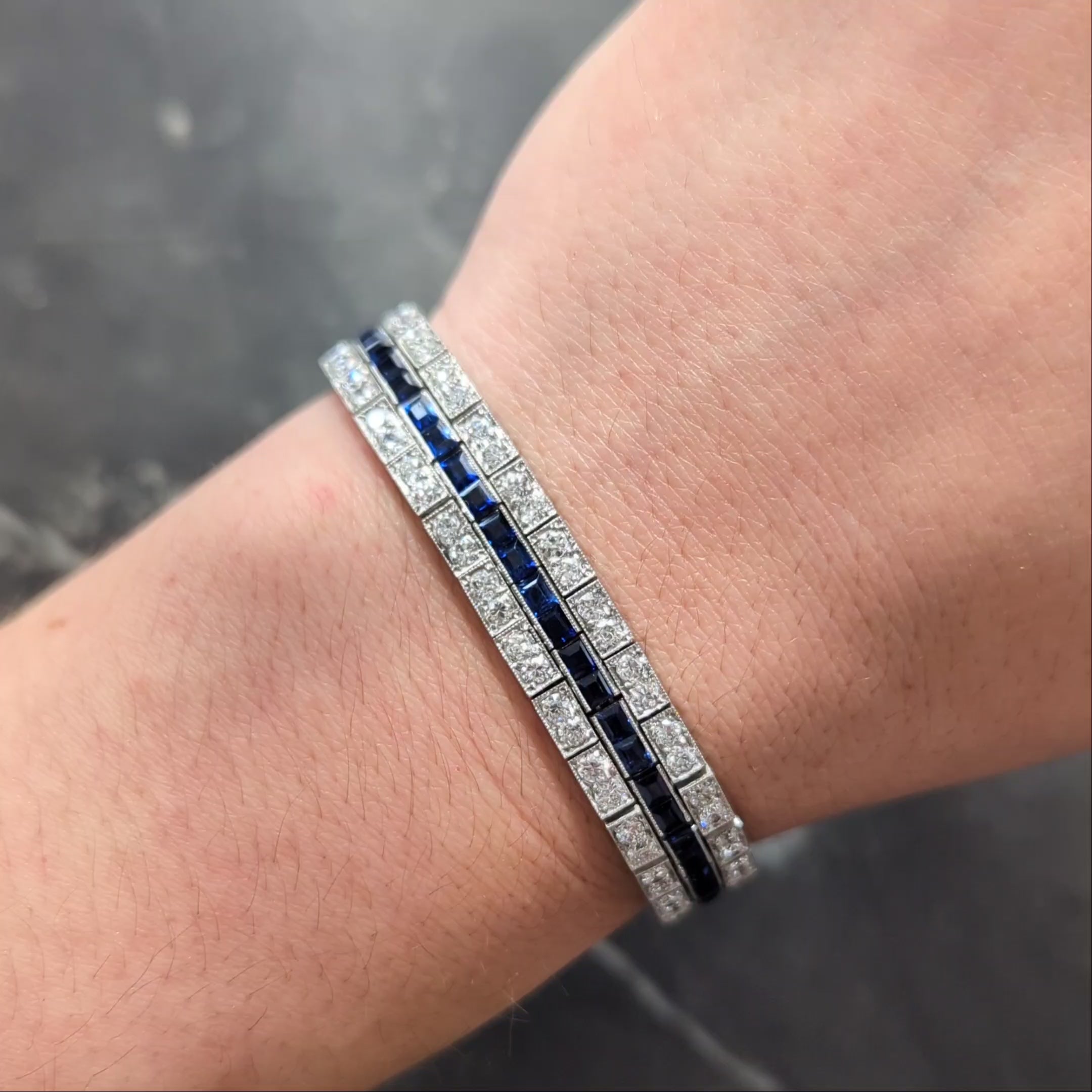 Art Deco 16.80 CTW Diamond Sapphire Platinum Foliate Vintage Line Bracelet