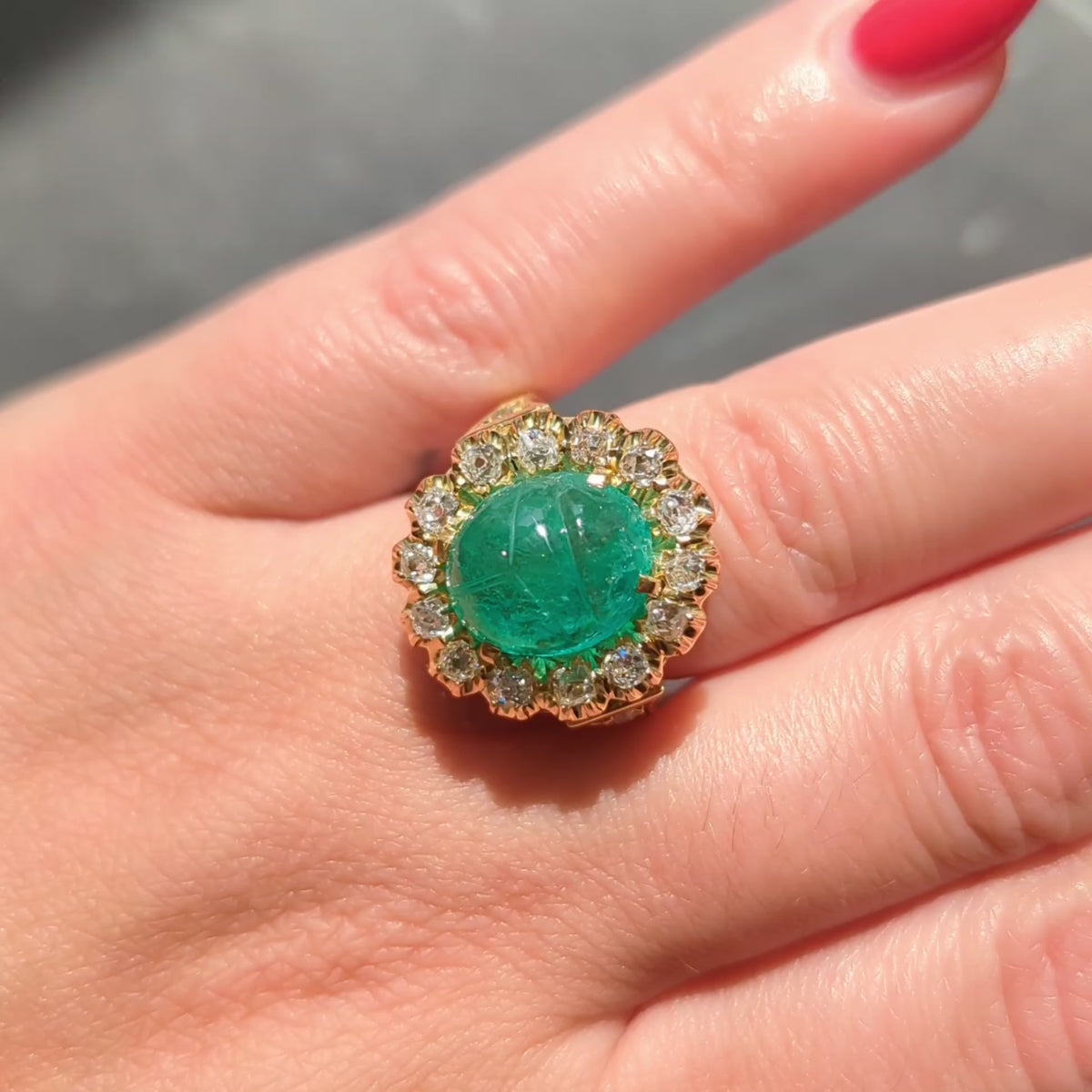 Vintage Egyptian Revival Emerald Diamond 18K Yellow Gold Scarab Halo Ring