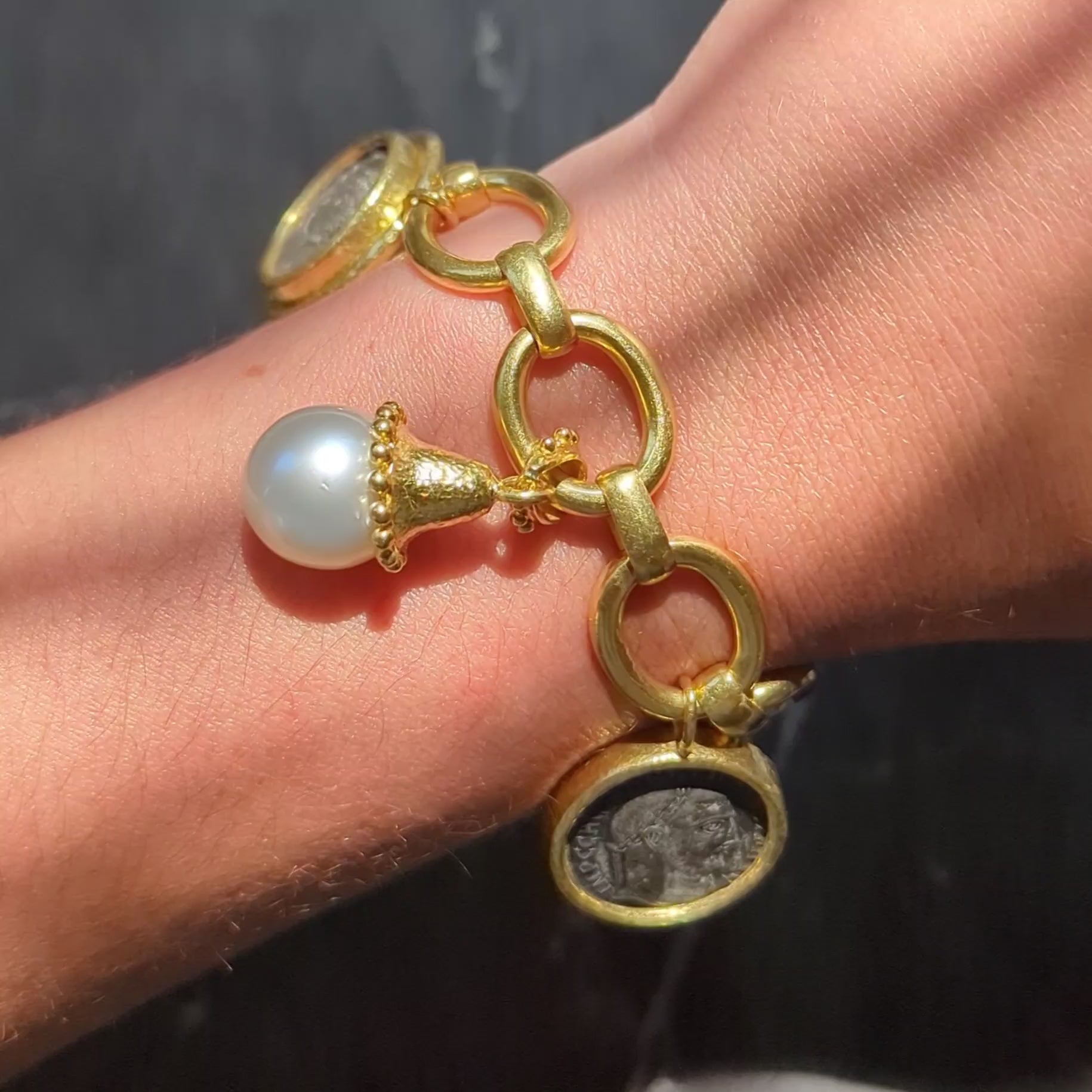 Elizabeth Locke 2000's Multi-Gem 19 Karat Yellow Gold Intaglio Charm Bracelet