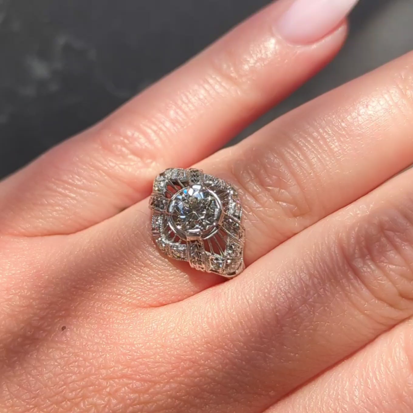 Art Deco European Diamond Platinum Vintage Wheat Bombe Engagement Ring
