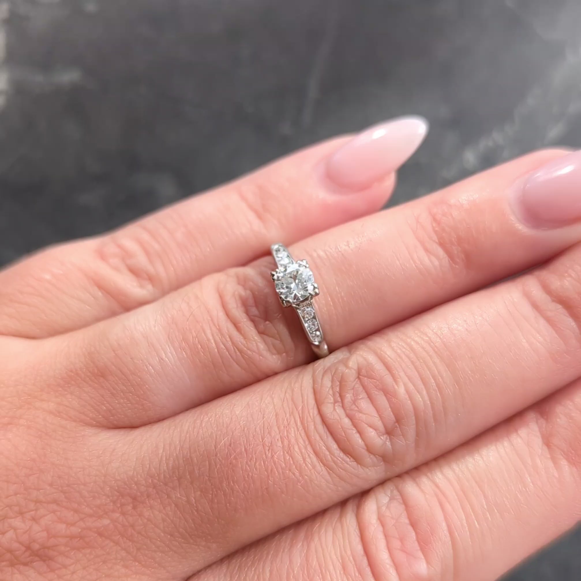 Art Deco European Diamond 18K White Gold Vintage Fleur-De-Lis Engagement Ring
