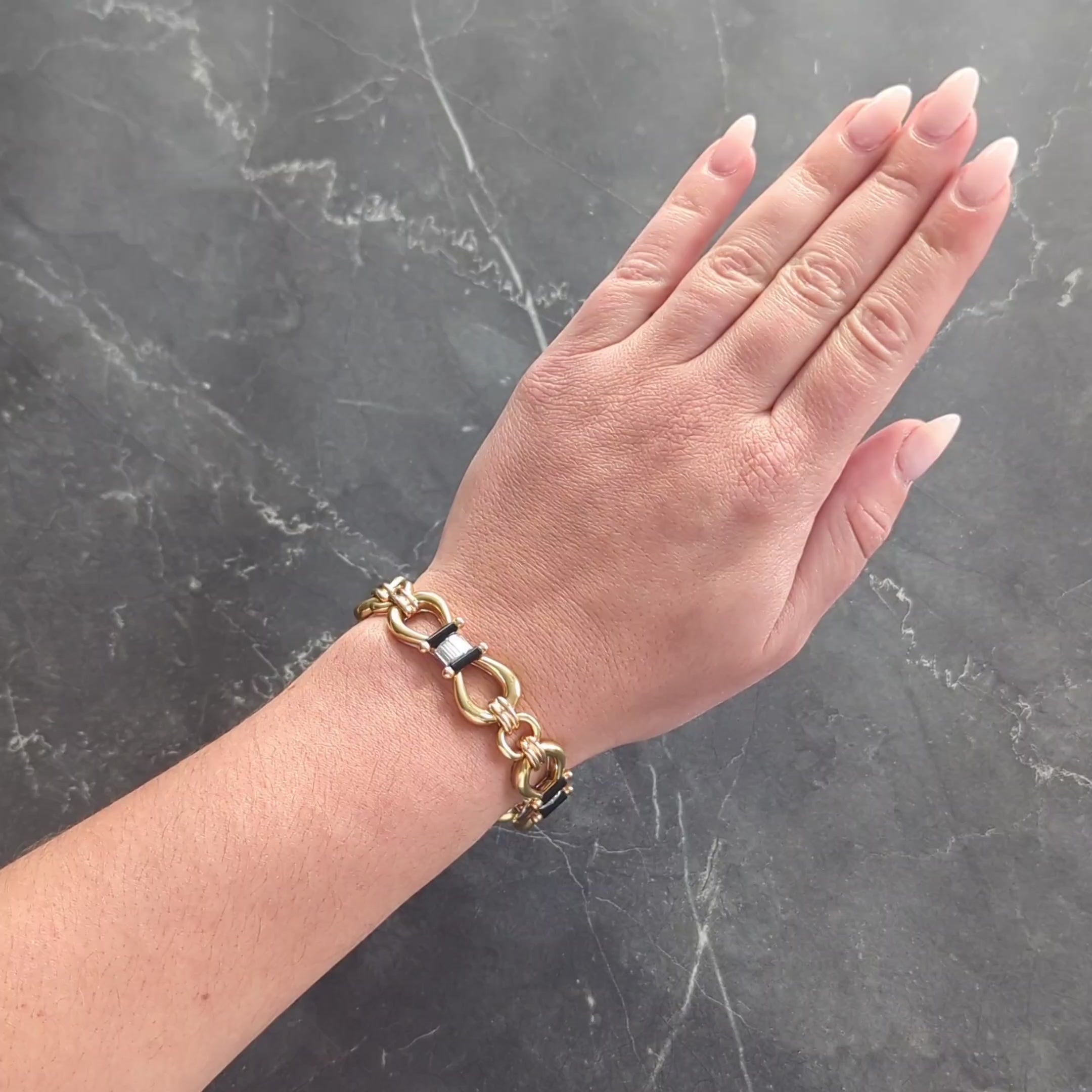 1980's Diamond Onyx 18 Karat Tri-Colored Gold Vintage Horsebit Bracelet