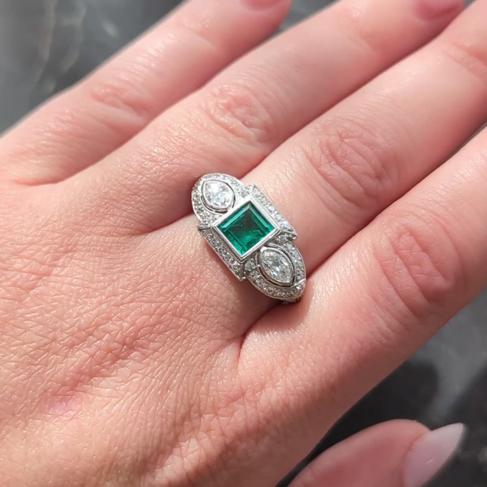 Art Deco 2.25 CTW Emerald Diamond Platinum Vintage Scrolling Halo Ring