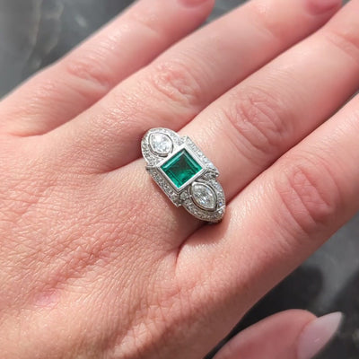 Art Deco 2.25 CTW Emerald Diamond Platinum Vintage Scrolling Halo Ring