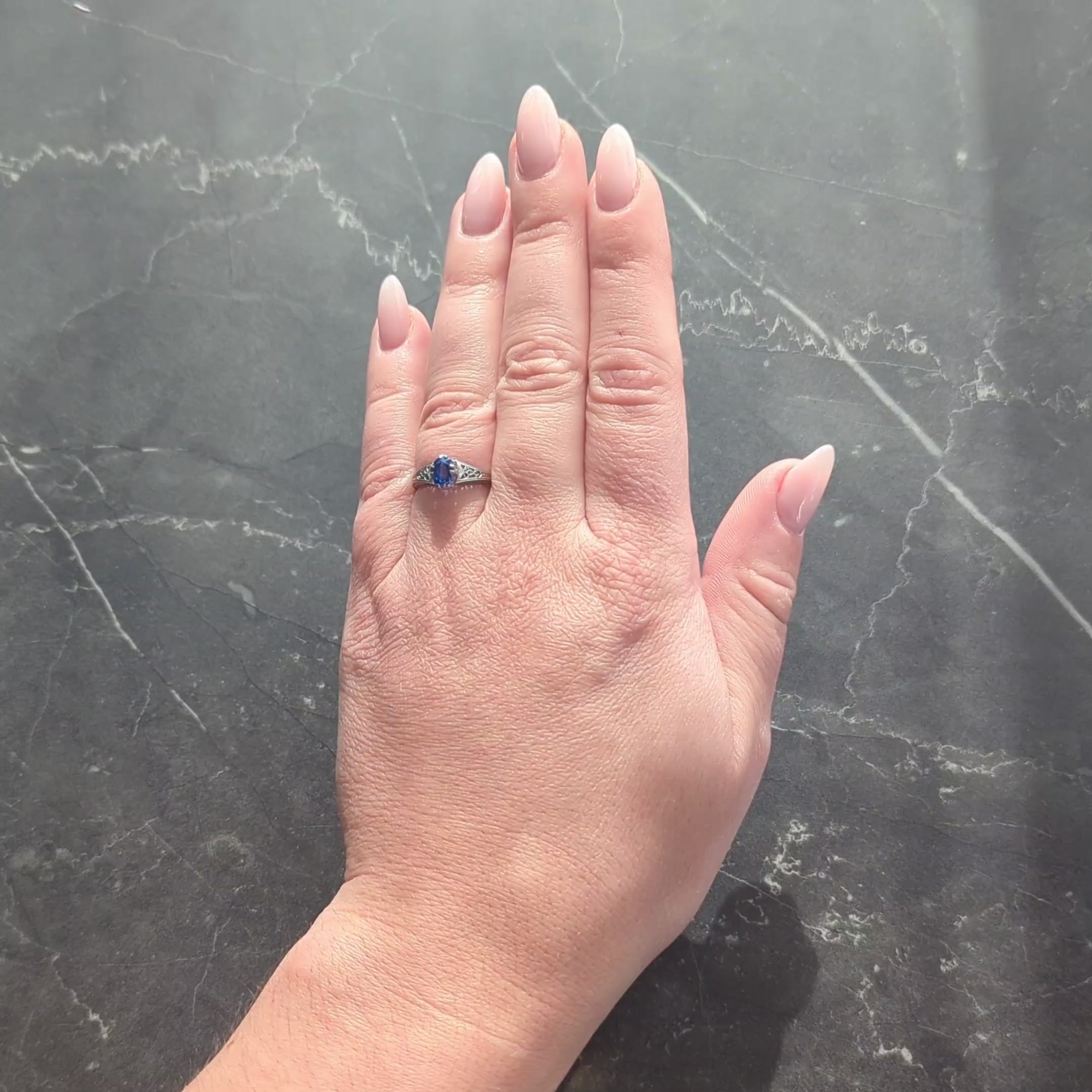 Art Deco 0.93 CTW Oval Cut Sapphire 18 Karat White Gold Vintage Lotus Ring