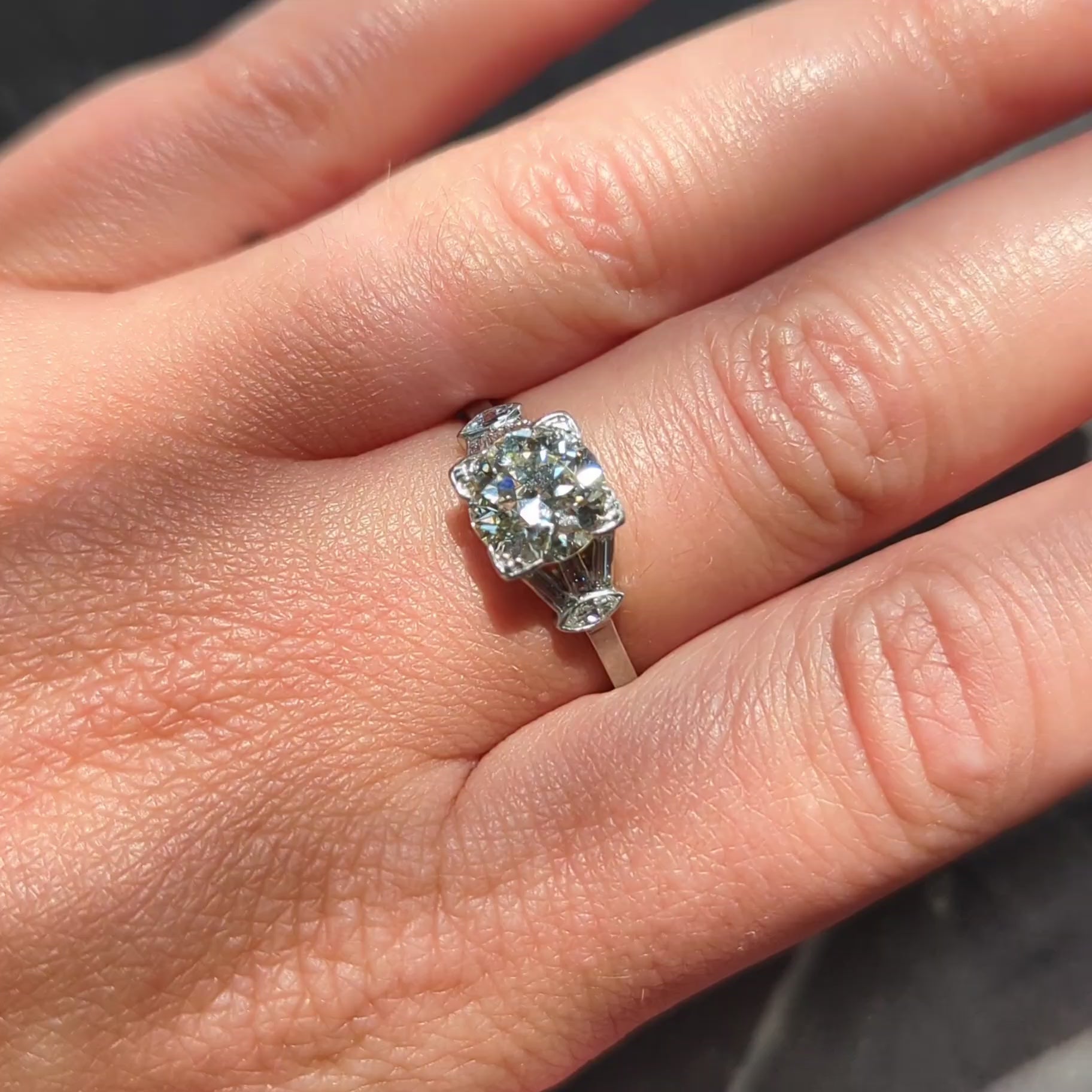Art Deco Old European Cut Diamond Platinum Vintage Fanning Engagement Ring