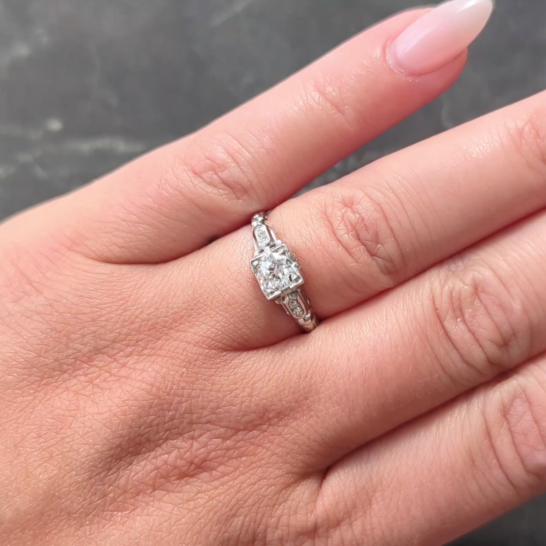 Art Deco Old European Diamond 18 Karat White Gold Vintage Lotus Engagement Ring