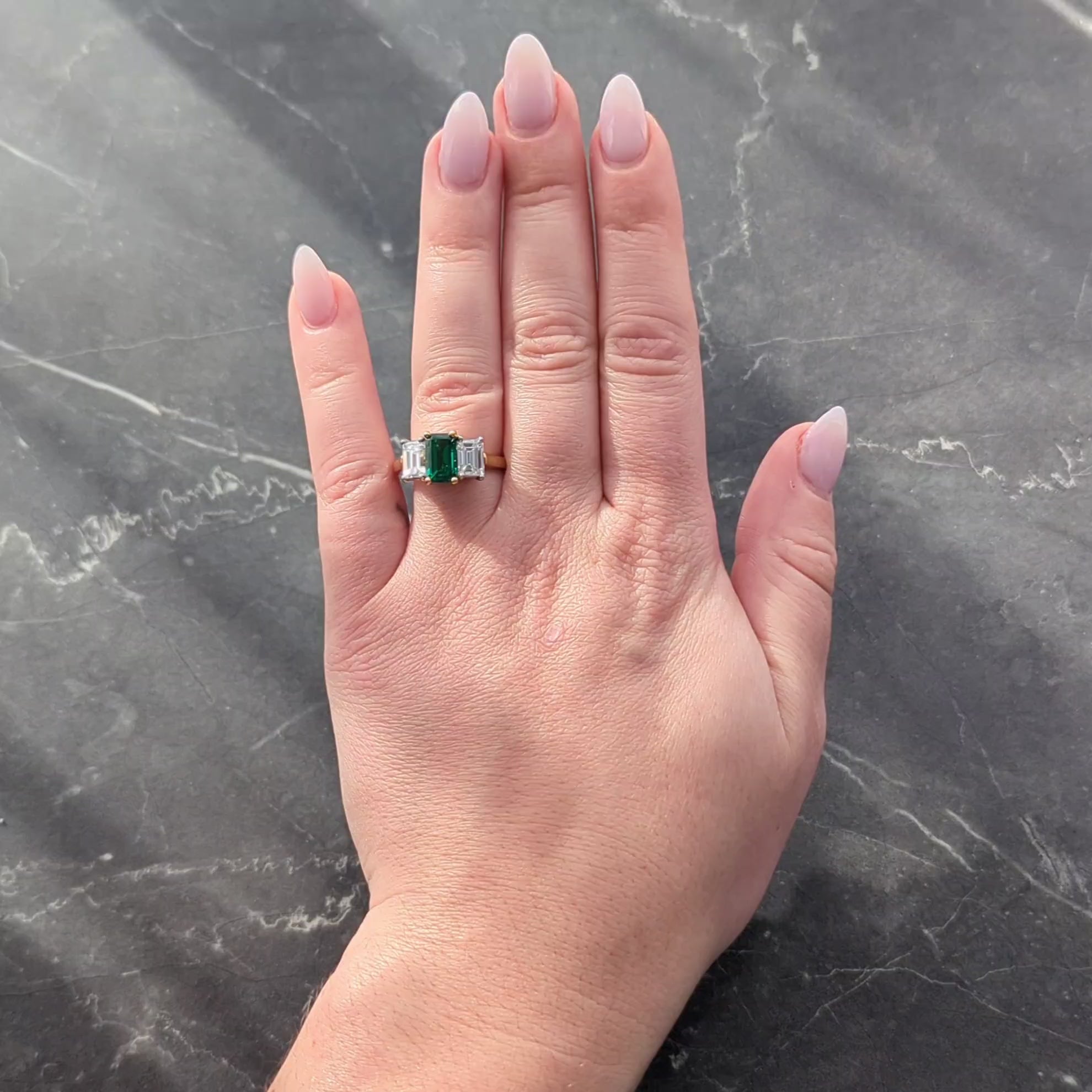 1990's 3.36 CTW No-Oil Emerald Diamond 18K Gold Platinum Three Stone Ring GIA