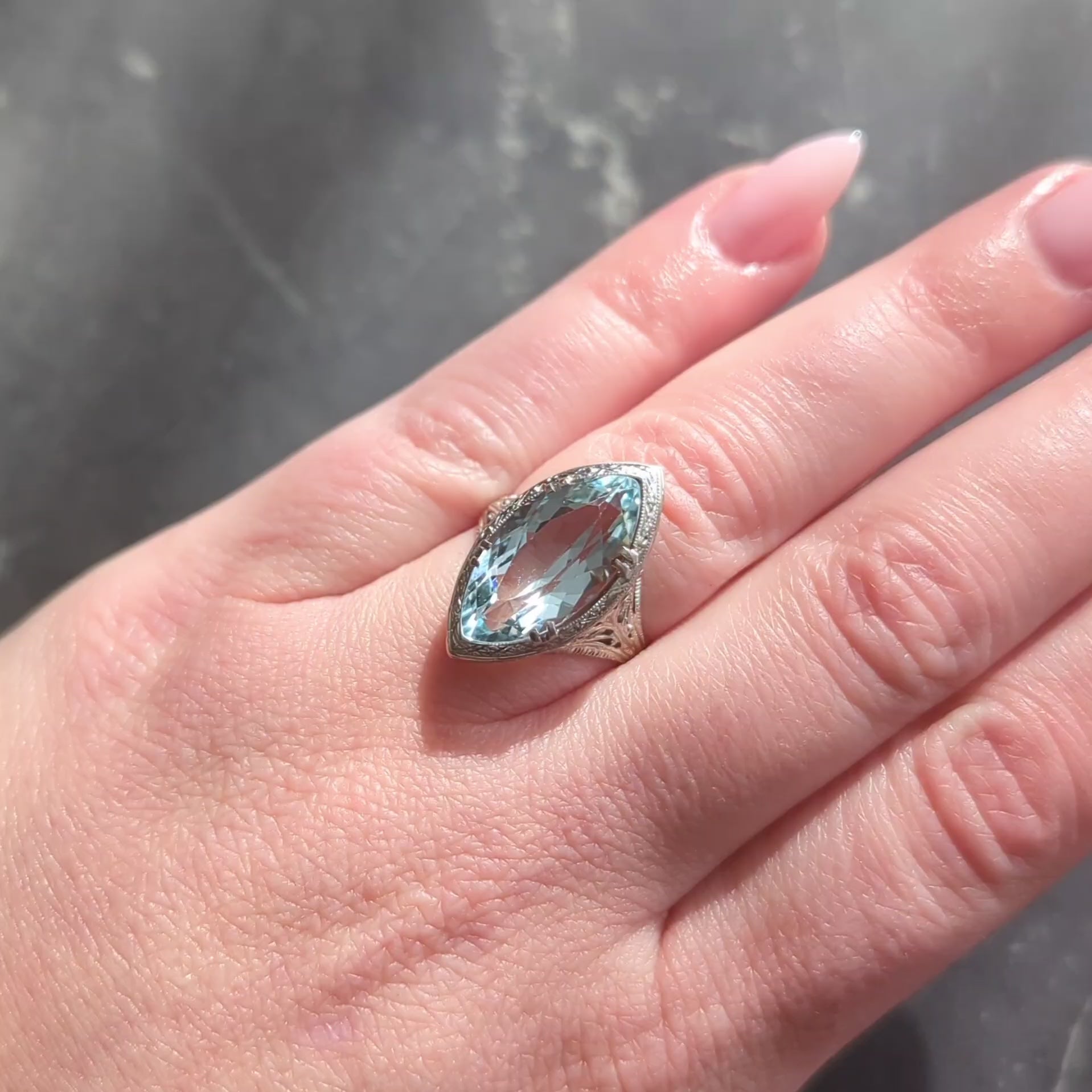 Art Deco Aquamarine 18 Karat White Gold Vintage Heart Navette Dinner Ring